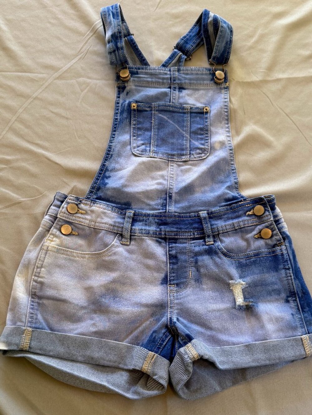 No Boundries Juniors XS (1) Blue Denim Overall Shorts Shortalls Acid Washed
